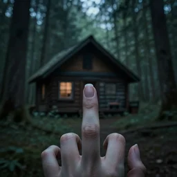 a creepy, eerie, athmospheric photo of salad fingers near a cabin in the woods