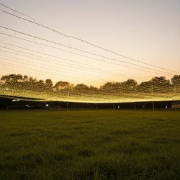 thousands of fairy lights over a grassy field at golden hour