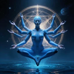 a blue levitating cyber punk woman with four arms meditating over water with outer space, dramatic lighting, sacred geometry, by android jones, alexandros pyromallis, bouguereau, rutkowski, artgerm