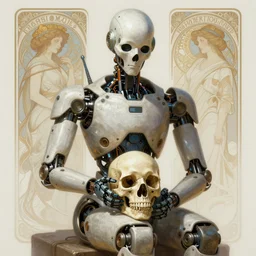 ultra realistic illustration, robot sitting, holding a human skull in it's hands, cyberpunk, sci - fi, fantasy, intricate, elegant, highly detailed, digital painting, artstation, concept art, smooth, sharp focus, illustration, art by artgerm and greg rutkowski and alphonse mucha