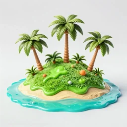 a tropical island, made of candy, covered in green goo, 3 d, octane render, medium details, palm trees, sand, cyan water