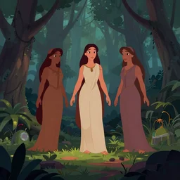 the three fates, greek mythology, forest clearing, cel shaded vector art, toon shading, behance, hd, by ashlin illus, disney animation still