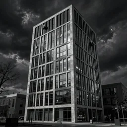 a modern office building drawn in the style of Zdzisław Beksiński, 4K, dramatic, dark, horror art,