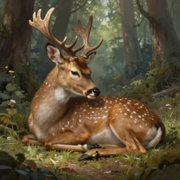 cute stag sleeping with her stag mother in magistral forest, 8 k resolution matte fantasy painting, cinematic lighting, deviantart artstation, jason felix steve argyle tyler jacobson peter mohrbacher