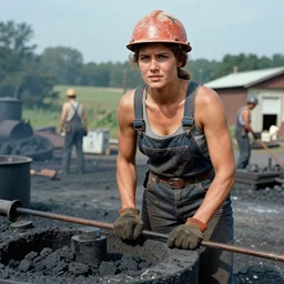 A long-shot from behind, color outdoor photograph portrait of a young muscular miner woman woking in the mine, summer, day lighting, 1990 photo from photograph Magazine.