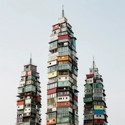 towers made up of colourful makeshift squatter shacks made up of glass, mamiya, 8 5 mm, uniform plain sky, fine details, photographed by julie blackmon