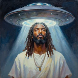 UFO hovering around an African Jesus with dreadlocks, painting by Hsiao-Ron Cheng,