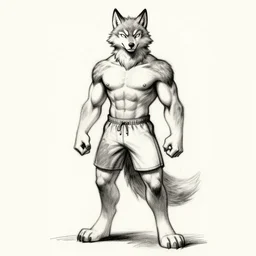 master furry artist charcoal sketch lines full body portrait character study of the anthro male anthropomorphic wolf fursona animal person wearing gym shorts bodybuilder at gym