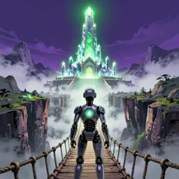 A comic book cover of an android with glowing features and back to the camera,  looking across a vast chasm and old rope bridge. On the mountain facing him is a crystal temple with a tower glowing in the fog, grand scale, stylized, purple and green