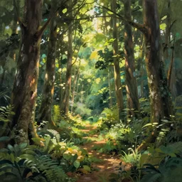 sunny forest lanscape painting by chris moore and studio ghibli backdrop