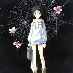 anime movie scene, mamoru oshii, otomo, ultra wide, vanishing point, hoody woman explorer, watercolor, spiderwebs, flowers, dripping, black circle, sewer exit, train tunnel, waterfall, sun beam, dusty volumetric light, back lit, paper texture, puddles, brutalist, golden ratio