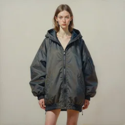 a realistic painting of a skinny girl wearing a baggy anorak inspired by a xenomorph