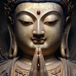 enormous godlike face with titan eyes bodhisattva, praying meditating, prayer hands, intricate, detailed, epic, cinematic, artstation, by David Cronenberg