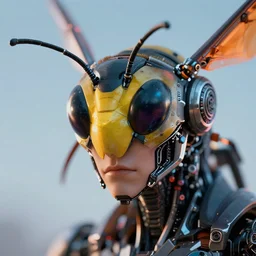 synthwave cyborg wasp, detailed face, sharp focus, synthwave art, aesthetic, octane render, raw, cinematic