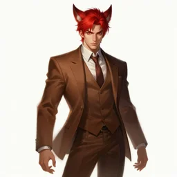 a highly detailed illustration of attractive young red haired man with red animal ears wearing brown suit, dramatic pose, intricate, elegant, highly detailed, centered, digital painting, artstation, concept art, smooth, sharp focus, league of legends concept art, wlop