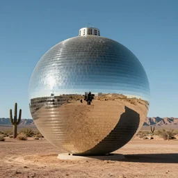 a large metallic ball with a mirror finish sits in the arizona desert, photorealistic