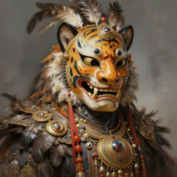 masterful fantastic realist painting an exotic ancient feathered and bejeweled beast wearing an exquisite bugaku mask of a tiger, digital painting trending on artstation, volumetric lighting and mist, cosplay, portrait painting, hyperrealistic, octane render
