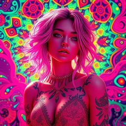psychedelic hot girl, hyper detailed, flowing psychedelic background intricate and detailed, ornate 8 k gorgeous intricate detailed, neon, high dynamic range, hdr, octane render