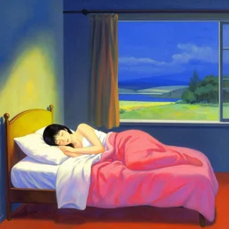 a woman sleeps in levitation above her bed vibrant by akihiko yoshida and edward hopper