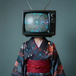 Portrait of a fashion fractal girl with a television head wearing kimono made of circuits and leds, surreal photography by Man Ray