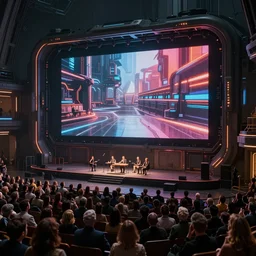 concept art of a very small! dark futuristic musical venue with a large screen in front of a very small! but excited crowd by syd mead and craig mullins, realistic, octane render, environment, high detail, sharp focus, artstation