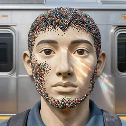 people made of marbles and colourful particles, dip n dots, exterior subway, portrait face, caustics, light rays, in the style of matt murphy, enes dirig, jeremy enecio, intricate, miles johnston, monet, cynical realism, john william godward, painterly, yoshitaka amano, miles johnston, louise zhang, matt murphy, enes dirig, pekka halonen, finnish naturalism, realism