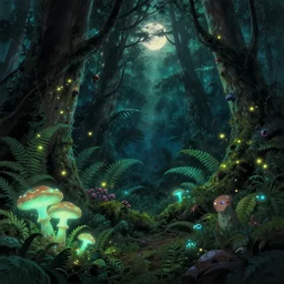 dark amazon rain forest covered with fluorescent glowing mushrooms and ferns plants fireflies and strange insects inhabited by little monsters, showered by moonlight, natural lighting, mysterious color scheme, intricate details, matte painting, illustration, hayao miyazaki,