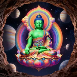 the most beautiful star system with large brightly coloared planets, inside of an expansive cave, green tara buddha with a crown of rainbow clouds, coherent design, symmetrical, vivid color, complementary color, golden ratio, detailed, sharp lines, intricate, rainbowshift, by in unreal engine, nvidia, octane render