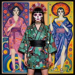 cute punk goth fashion hippy fractal Día de los Muertos android girl wearing kimono made of circits posing by Zhang Jingna, psychedelic dada collage by Hannah Höch Victor Moscoso Rick Griffin Alphonse Mucha Gustav Klimt Ayami Kojima Amano Charlie Bowater, masterpiece