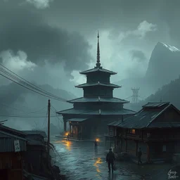 digital art of an crust punk inspired thimpu, bhutan, by greg rutkowski. trending on artstation, favorites on deviantart. high quality artwork, cyberpunk style.