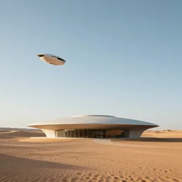 a minimal modern building with futuristic top standing in the desert with a strange vessel flying above james turell
