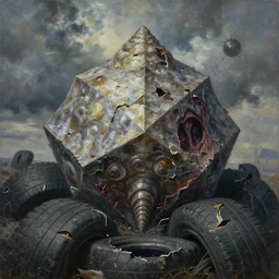 oil painting of decagon as mollusk in torn & shredded tire pile double exposed skies atomic, claustrophobic, hyper detailed, terrifying horror book jacket illustration baked 6 0 0 f by geof darrow, simon bisley
