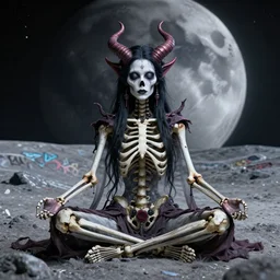 beautiful demon skeleton queen meditating on the lunar surface, graffiti, highly detailed