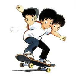 skater character on white background, 4 - heads tall, stylized proportions by ralph bakshi hirouki imaishi inks and colors