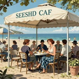 detailed ultra - realistic graphic novel illustration opened seashore cafe, french noon, kate beckinsale, 1 9 century, by famous digital artists, cinematic, full shot, hi fantasy art, colorfull