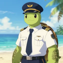 character portrait feature of the anthro male anthropomorphic tortoise fursona wearing airline pilot outfit uniform professional pilot character design stylized by charlie bowater, ross tran, artgerm, and makoto shinkai, detailed, soft lighting, rendered in octane, maldives in background