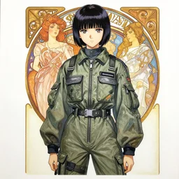 a copic maker portrait of an anime girl very detailed features by yoshiyuki sadamoto, alphons mucha, norman rockwell wearing a pilot suit cargo streetwear - lots of zippers, pockets, synthetic materials, chic'techno fashion trend by issey miyake and balenciaga 8 k
