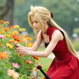 aerith gainsborough ( red vest on dress ) of final fantasy 7 picking flowers