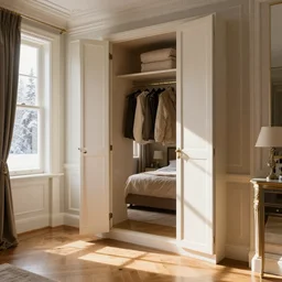 a wardrobe with one of its doors open with winter inside it, luxurious bedroom with wooden floor and sunbeams streaming through the window
