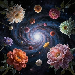 An epic fantastic realism comic book style painting of the most beautiful spiraling flowers launched across the dark and starry Universe, floating bouquets, nebula, fisheye, unreal 5, DAZ, hyperrealistic, octane render, dynamic lighting