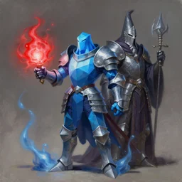 a very elegant full body oil painting of a polygonal blue slimey looking knight and a magical wizard made of metal, using magic, magic leaking out of them, smooth painting, medieval armor, wizard knight fusion, concept art, detailed anime, spiky armor, the red glows coming from the left, paint smears, digital art, character design, d & d character, heavy shading