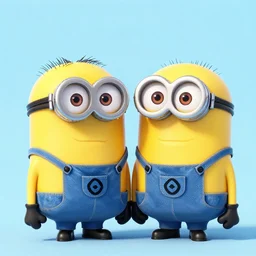 a pair of blue cat minions, yellow overalls, 3 d animation, cat characters