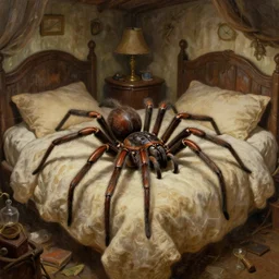 fantasy oil painting, a big spider crawling on a bed, as a dnd character, inside a cluttered bedroom, cottagecore, extremely detailed, book cover illustration, concept art, readability, smooth, sharp focus, art by brothers hildebrandt
