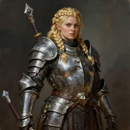 Boldara the female dwarf. A noble dwarven warrior and blacksmith wearing iron breastplate. Chubby plump body. complex blonde braided hair. Fantasy concept art. Moody Epic painting by James Gurney, and donato giancola. ArtstationHQ. painting with Vivid color. (Dragon age, witcher 3, lotr)
