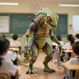 A picture of a Demogorgon going to monster school. Very detailed composition.