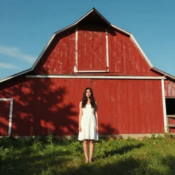 a young woman in the shadow! of a red barn!. black hair, white! dress, sharp focus, wide angle, digital art by eddie mendoza, trending on artstation