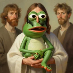 jesus holds a hand of a pepe frog character, highly detailed, digital painting, artstation, concept art, wallpaper, smooth, sharp focus, illustration, art by and artgerm and greg rutkowski and alphonse mucha