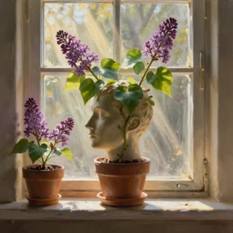 medium shot, simplified human head with mandrake!!! leaves!!! growing on it, with lilac flowers, in a pot!!! at the window - sill!!!, in rays of light, dusty ray of light, golden, mild, romantic, intricate hyper detailed ultra sharp sharp focus, alexandre ferra, irakli nadar, octane render, masterpiece, oil painting 4 k, ultra hd,