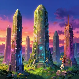cyberpunk druid monuments, anime key visual of monuments, neons, vibrant colors, finely detailed perfect details, delicate features, down in the grass at sunset in a valley, trending on pixiv fanbox, studio ghibli, extremely high quality artwork