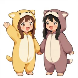 one scandinavian, one hispanic excited and happy anime girls in animal themed onesies holding hands looking at us, anime illustrated, digital art, cute, hand drawn